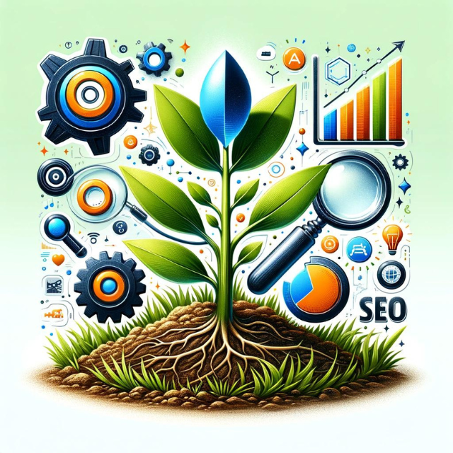 Illustration symbolisant le renouveau du SEO avec une pousse de plante émergeant du sol fertile, entourée d'icônes de SEO modernes, graphiques de performance, loupes, engrenages et symboles d'IA.