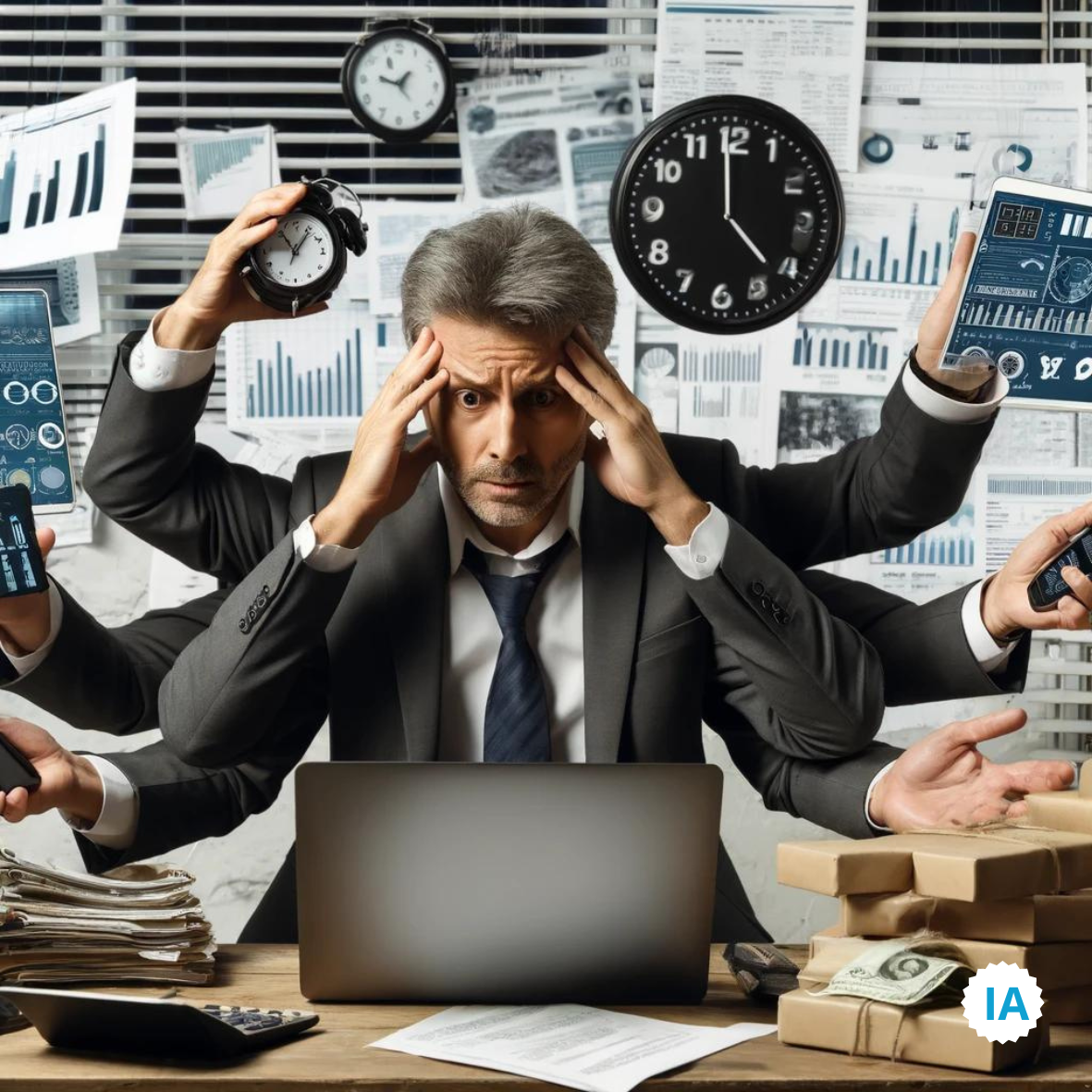 Petit entrepreneur stressé multitâchant dans un bureau encombré, illustrant les défis du temps, des ressources limitées et de l'expertise en marketing digital