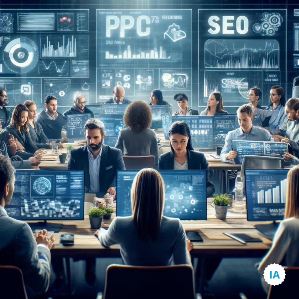 Équipe de marketing digital diversifiée travaillant sur des campagnes PPC, SEO, et la gestion des réseaux sociaux dans un bureau moderne
