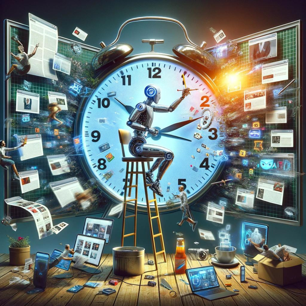 Collage artistique numérique représentant les défis de l'authenticité des marques à l'ère numérique, incluant un robot produisant du contenu, une horloge éjectant des pièces de contenu, et un miroir montrant une réflexion déformée d'un logo de marque.