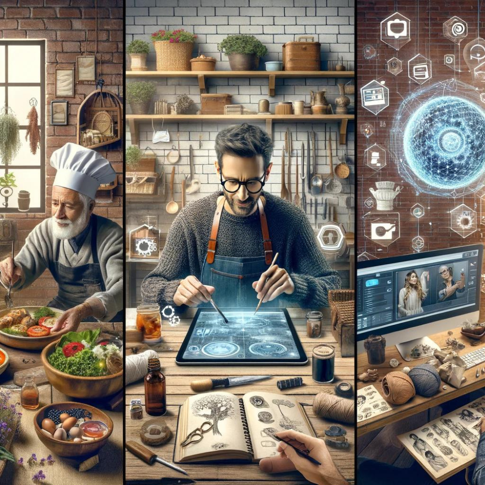 Artwork numérique composite montrant trois professionnels maintenant leur authenticité en ligne : un restaurateur partageant des histoires de cuisine sur les réseaux sociaux, un artisan filmant son processus de fabrication, et un créateur de mode utilisant l'IA pour personnaliser les expériences clients.