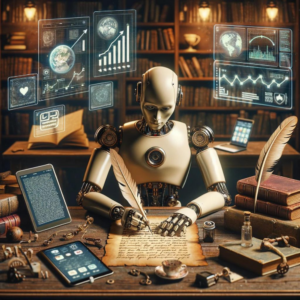 Robot humanoïde écrivant avec une plume entouré de dispositifs numériques modernes, symbolisant l'union de la tradition et des outils de marketing digital dans une pièce cosy remplie de livres.